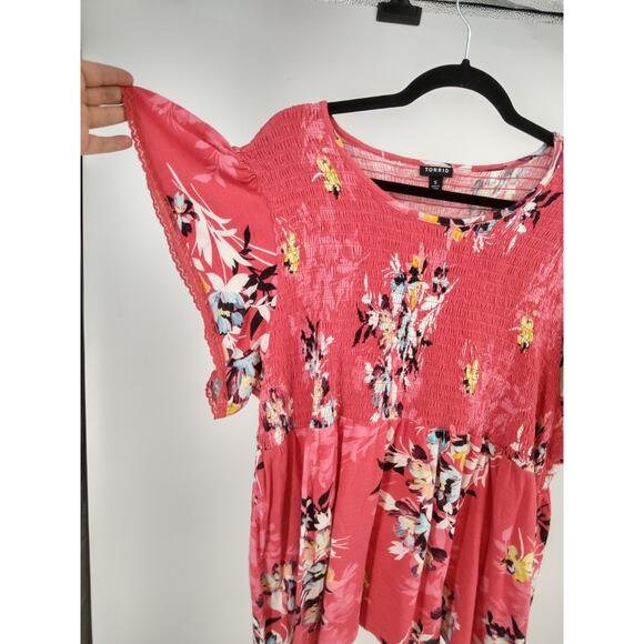 Torrid Babydoll Top Plus 5X Floral‎ Cotton Crew Neck Smocked Bodice Print Pink - Picture 5 of 9